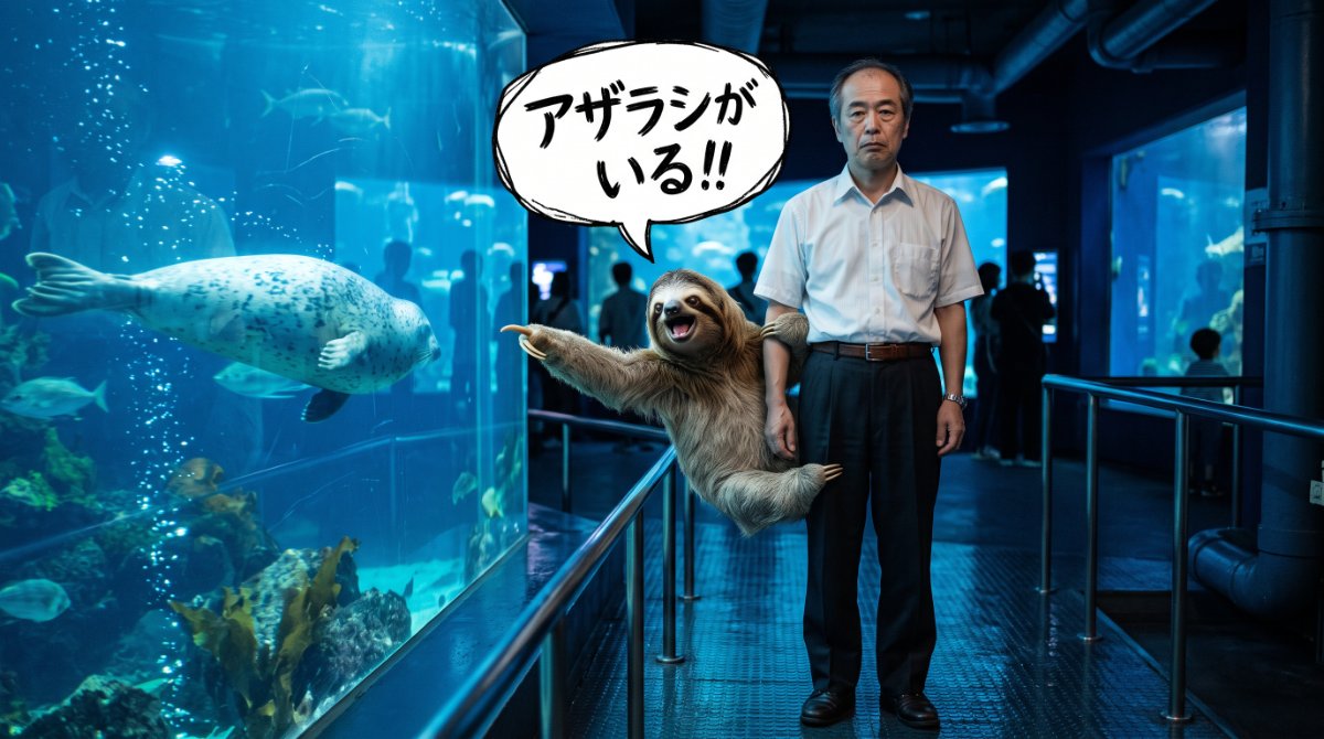 【画像】HSPが職場で疲弊する「境界線のなさ」の象徴：水族館で無表情に立ち尽くす男性の腕にしがみつき、「アザラシがいる!!」とハイテンションで叫ぶナマケモノのイラスト