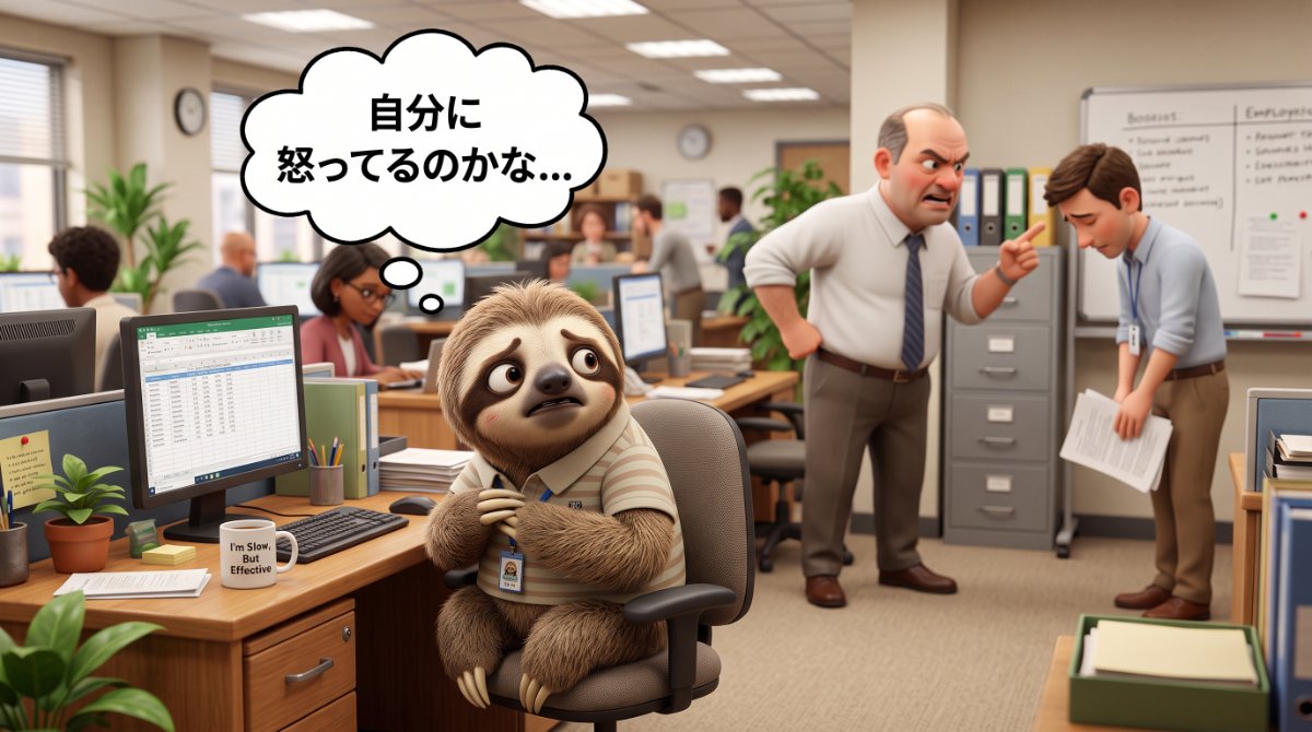 【画像】HSPが職場で極度に疲れる原因「他人の怒りを自分のせいだと感じる心理」：同僚が上司に怒られている横で、「自分に怒ってるのかな…」と怯えて縮こまるナマケモノ社員のイラスト