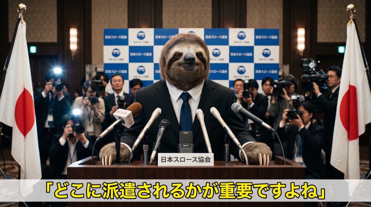 【画像】工場派遣の当たり外れを決める「派遣先」の重要性：日本スロース協会の記者会見でスーツ姿のナマケモノがマイクを前に「どこに派遣されるかが重要ですよね」と語るイラスト