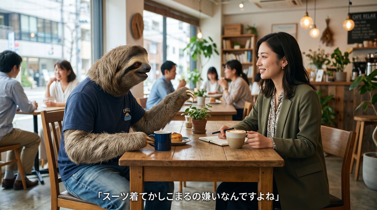 【画像】工場派遣の当たり外れを決める「派遣先」の重要性：日本スロース協会の記者会見でスーツ姿のナマケモノがマイクを前に「どこに派遣されるかが重要ですよね」と語るイラスト