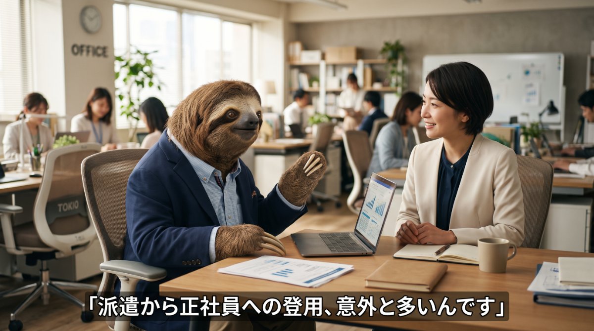 【画像】工場派遣から正社員登用を目指すキャリア戦略：オフィスでノートPCを前に女性社員と面談するスーツ姿のナマケモノが「派遣から正社員への登用、意外と多いんです」と解説するイラスト