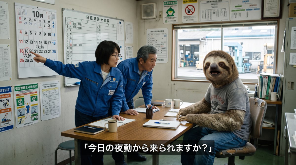 【画像】工場派遣の面談当日に起きた衝撃の展開：工場の事務所で青い作業服の担当者にカレンダーの夜勤シフトを指差され、「今日の夜勤から来られますか？」と聞かれて目を丸くして驚くナマケモノのイラスト