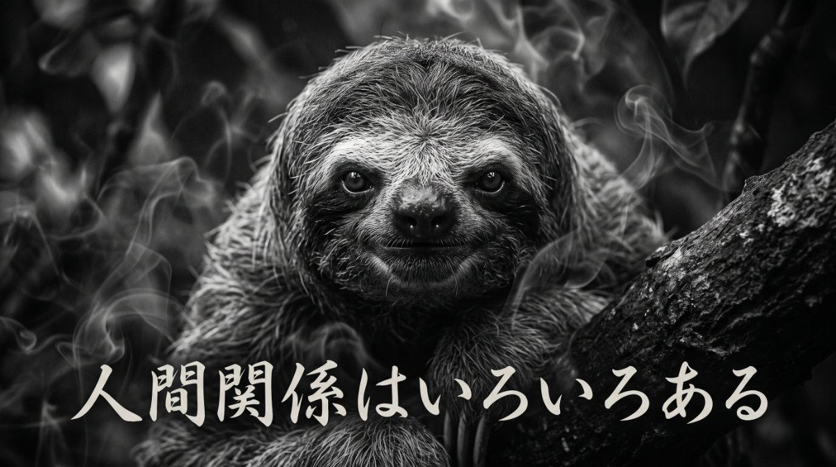 【画像】工場派遣のリアルな人間関係と体験談：煙が漂うモノクロの世界で木の枝にもたれ、達観した表情のナマケモノが「人間関係はいろいろある」と語るイラスト