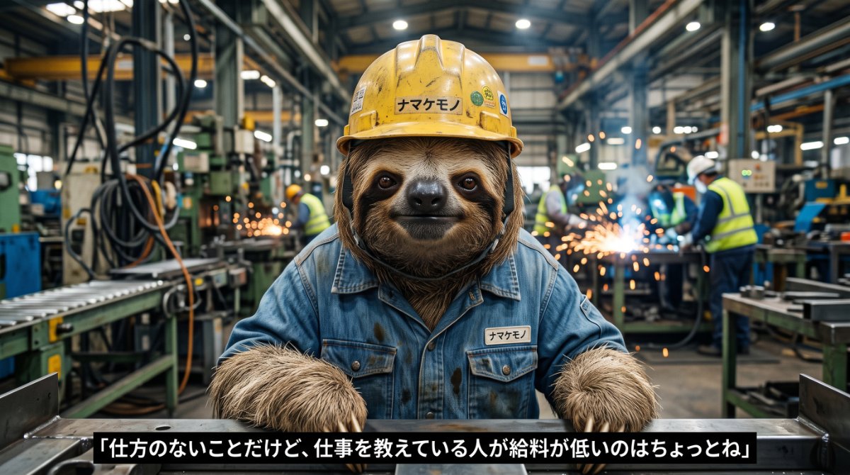 【画像】工場派遣で直面する給料のねじれ現象:火花散る鉄工所で黄色いヘルメットと作業服を着たナマケモノが「仕方のないことだけど、仕事を教えている人が給料が低いのはちょっとね」と現場の本音を語るイラスト