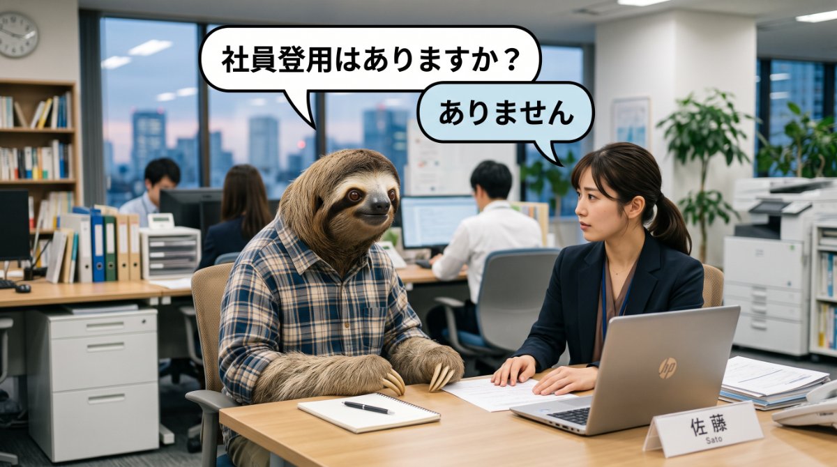 【画像】工場派遣における社員登用のシビアな現実:面談でチェックシャツ姿のナマケモノが「社員登用はありますか?」と尋ねるも、女性コーディネーター(佐藤)から「ありません」とバッサリ即答されるイラスト
