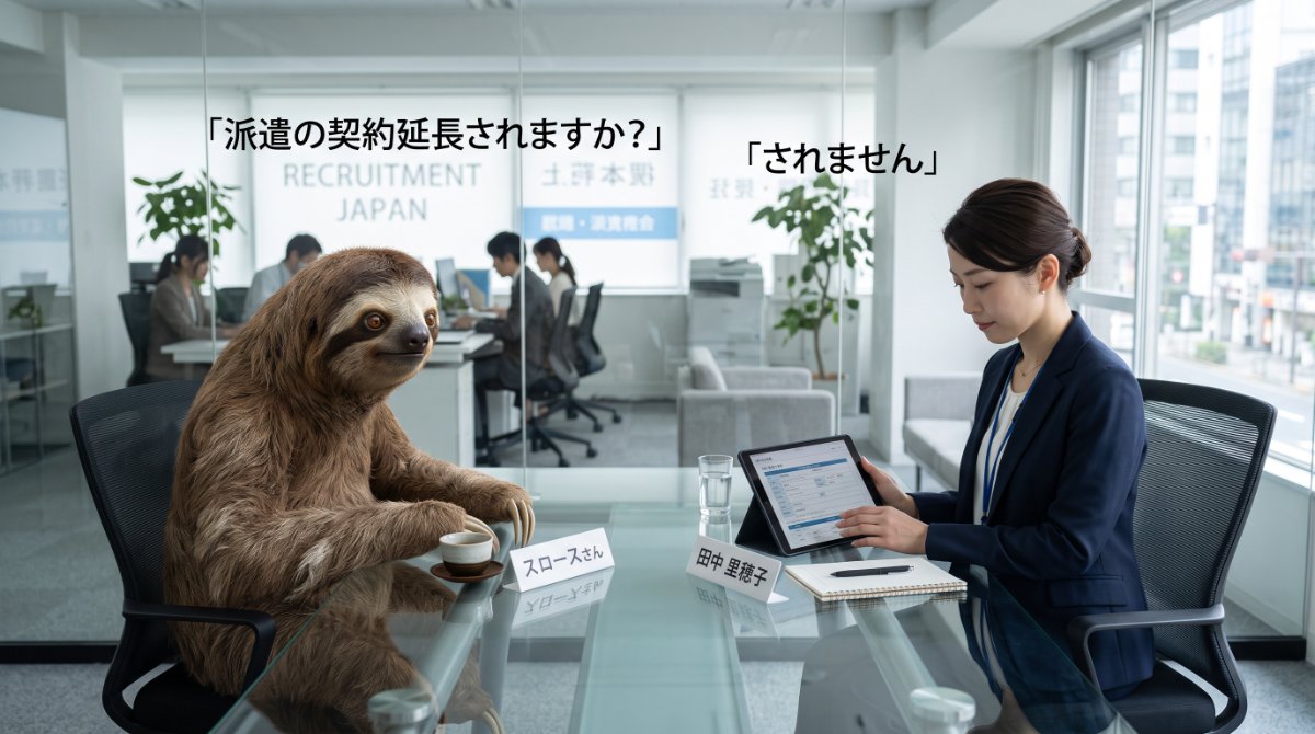 【画像】工場派遣の契約延長におけるシビアな現実:ガラス張りの人材紹介会社で、お茶を飲むナマケモノ(スロースさん)が「派遣の契約延長されますか?」と尋ねるも、女性担当者(田中里穂子)から「されません」と即答されるイラスト