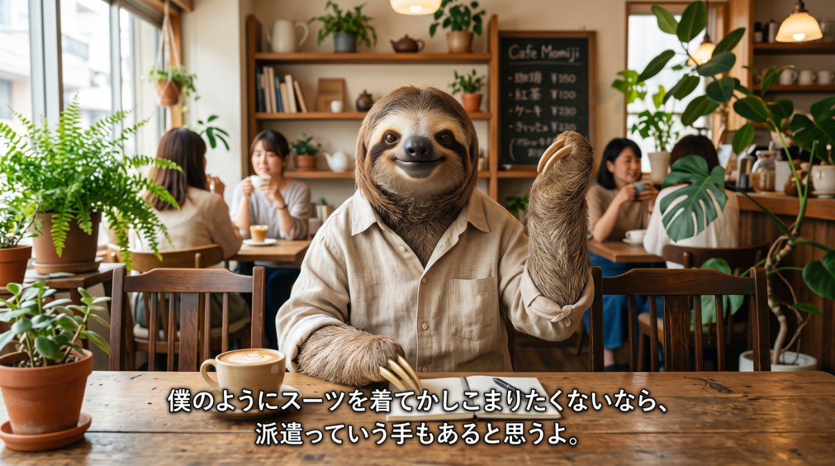 【画像】工場派遣が向いている人の特徴と選択肢:落ち着いたカフェで私服シャツ姿のナマケモノが「僕のようにスーツを着てかしこまりたくないなら、派遣っていう手もあると思うよ。」と穏やかに語りかけるイラスト