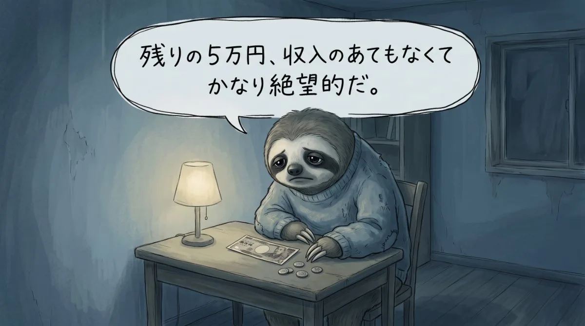 【画像】無職で住民税や国保が払えない絶望的な状況：テーブルの上の残り5万円と小銭を見つめ、「残りの5万円、収入のあてもなくてかなり絶望的だ。」と涙目で途方に暮れるナマケモノのイラスト