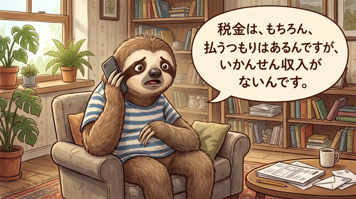 【画像】無職で住民税が払えない時の電話相談体験談：ソファでスマホを片手に「税金は、もちろん、払うつもりはあるんですが、いかんせん収入がないんです。」と役所の担当者に必死で伝えるナマケモノのイラスト
