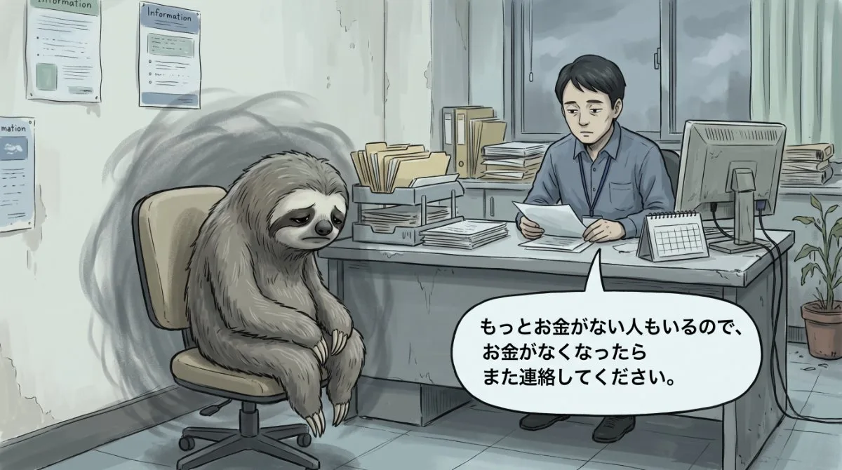 【画像】無職で手持ち5万円の時の窓口相談体験談：役所の相談員から書類を見ながら「もっとお金がない人もいるので、お金がなくなったらまた連絡してください。」と支援を断られ、暗いオーラを背負って項垂れるナマケモノのイラスト