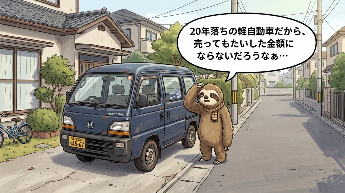 【画像】無職で手持ち5万円の時の車売却の悩み：サビの目立つ古い軽バンの横で頭をかき「20年落ちの軽自動車だから、売ってもたいした金額にならないだろうなぁ…」と金策に途方に暮れるナマケモノのイラスト