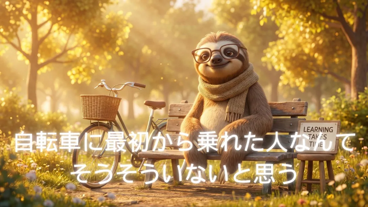 【画像】「一回で覚えろ」と怒られた時の心の持ち方：木漏れ日の公園のベンチで、マフラーと眼鏡のナマケモノが「自転車に最初から乗れた人なんて そうそういないと思う」と語りかけるイラスト