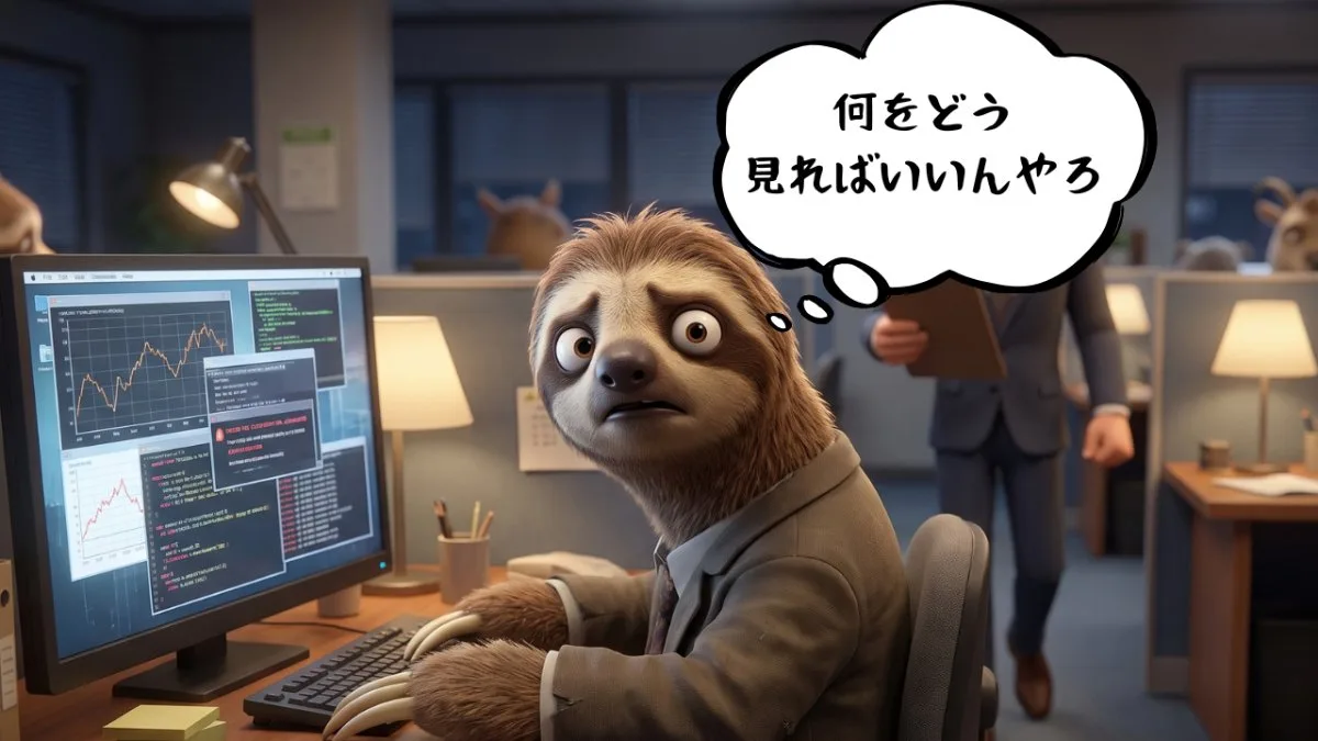【画像】「メモを取れ」と言われても仕事が覚えられない新人の悩み：複雑なPC画面を前に「何をどう見ればいいんやろ」と困惑するナマケモノと背後に迫る上司のイラスト