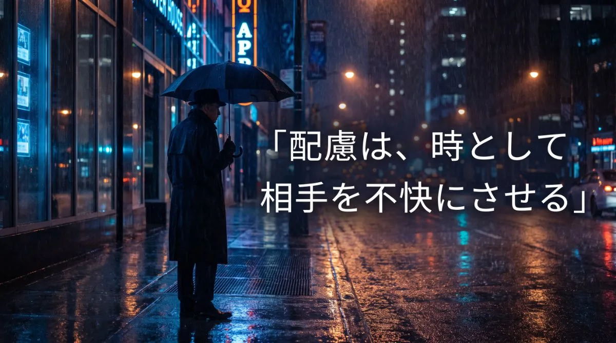 【画像】雨の夜の街に佇む傘をさした人物と「配慮は、時として相手を不快にさせる」という仕事のすれ違いを説くビジュアル