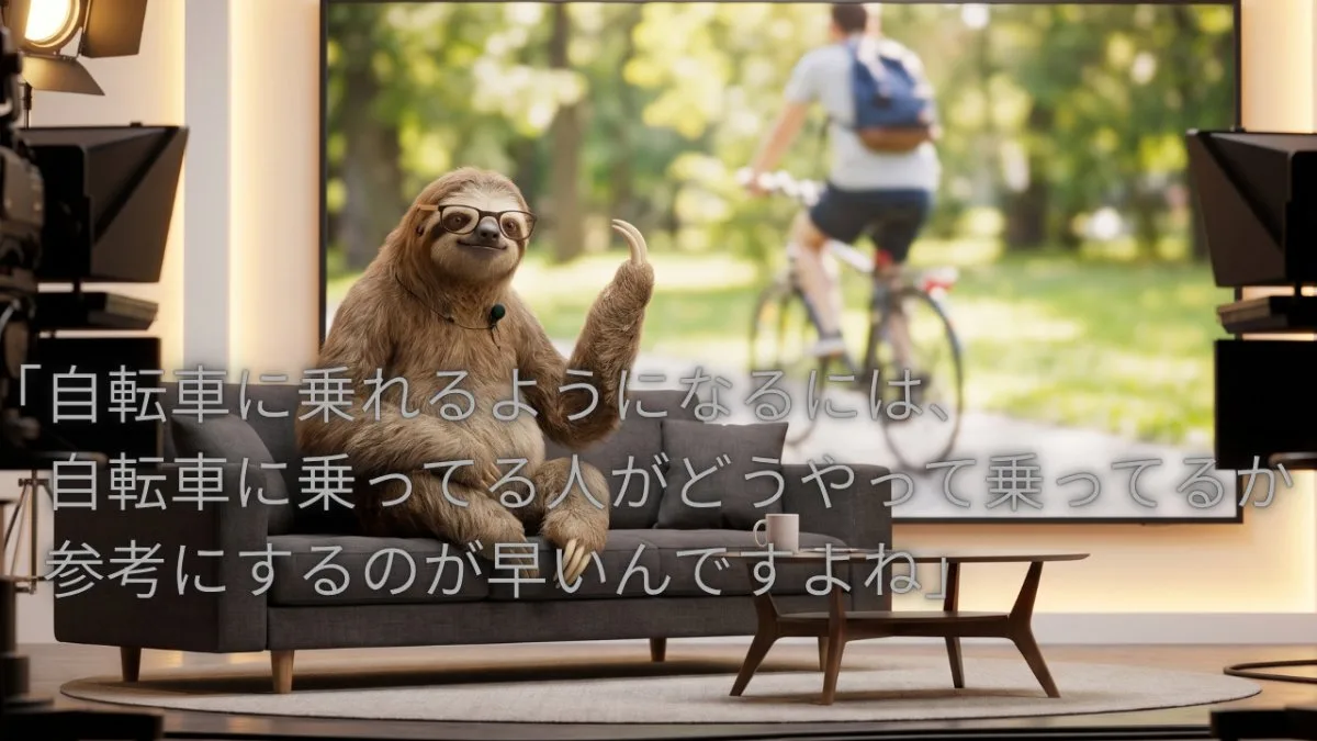 【画像】メモに頼らない仕事の覚え方（モデリング）：スタジオのソファに座る眼鏡のナマケモノが、自転車に乗る人の映像を背に「自転車に乗れるようになるには、自転車に乗ってる人がどうやって乗ってるか参考にするのが早いんですよね」と解説するイラスト