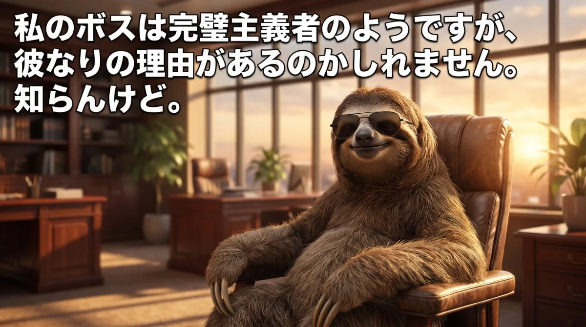 【画像】完璧主義の上司への付き合い方とスルースキル：執務室の革張りチェアでサングラスをかけたナマケモノが「私のボスは完璧主義者のようですが、彼なりの理由があるのかもしれません。知らんけど。」と受け流すイラスト