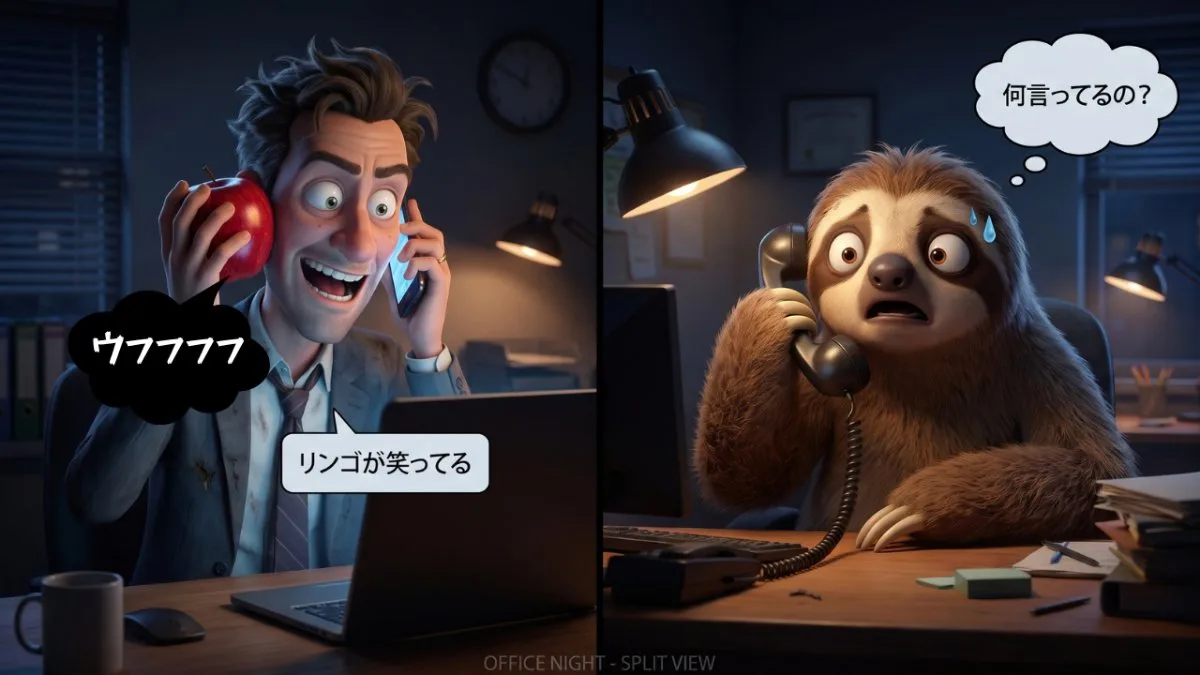 【画像】完璧主義な上司・社長に振り回される理不尽な現場：夜のオフィスでリンゴを持ち「リンゴが笑ってる」と怪しく通話する上司と、受話器を握り「何言ってるの？」と冷や汗を流すナマケモノのイラスト