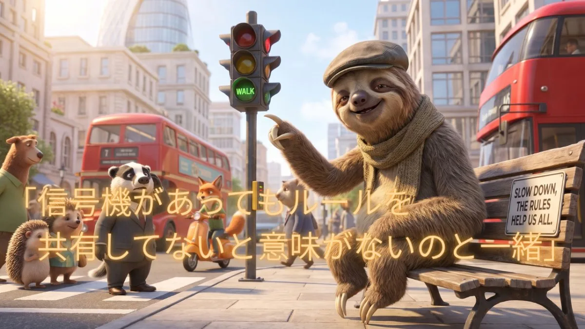 【画像】完璧主義の上司と部下がすれ違う根本原因：街角のベンチに座るナマケモノが青信号を指差し「信号機があってもルールを共有してないと意味がないのと一緒」と職場での共通ルールの必要性を説くイラスト