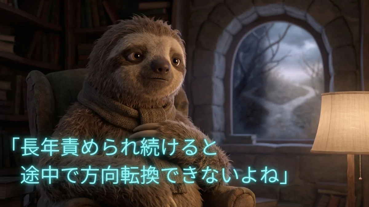【画像】完璧主義の上司に責められ続けることの悪影響：薄暗い部屋でマフラーを巻いたナマケモノが「長年責められ続けると途中で方向転換できないよね」と深く落ち込むイラスト（背景の窓からは分かれ道が見える）