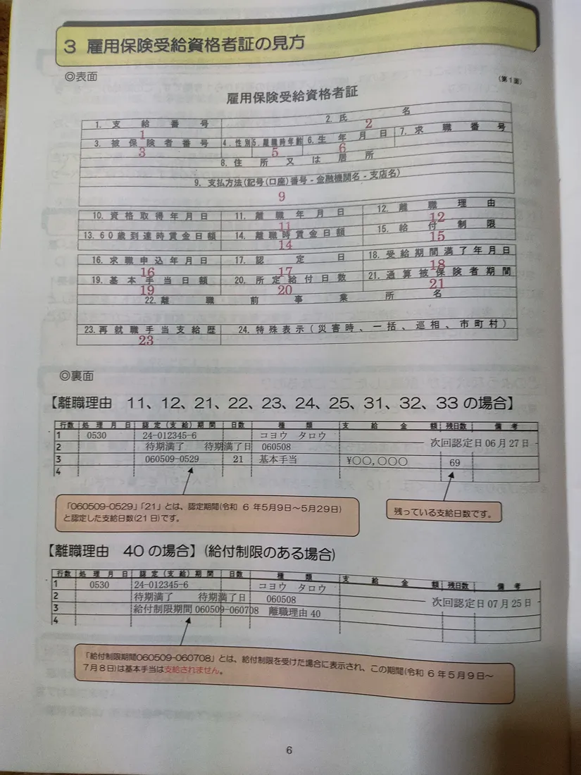【画像】受給資格者のしおりの「雇用保険受給資格者証の見方」のページ。表面の番号ごとの説明と、裏面に認定日ごとの支給日数や残りの日数が印字される例が載っている
