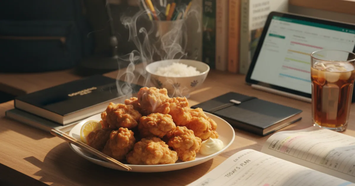 唐揚げを食べてから勉強しようとする様子