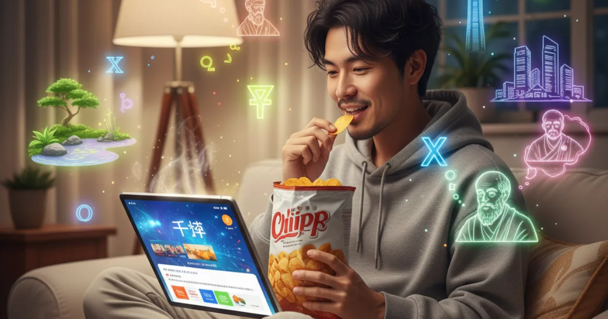 ポテチを食べながらブログを読む男性
