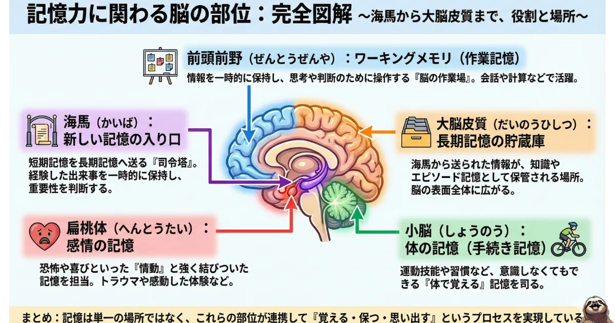 記憶力に関わる脳の部位のわかりやすい図
