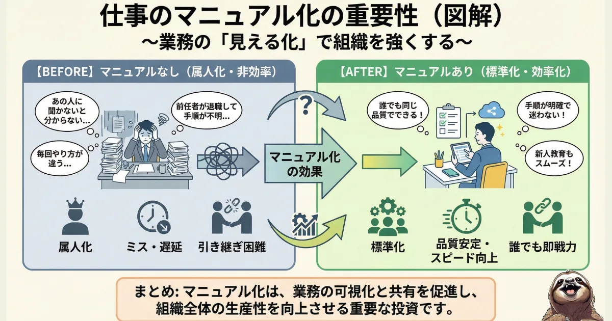 仕事のマニュアル化の重要性のわかりやすい図