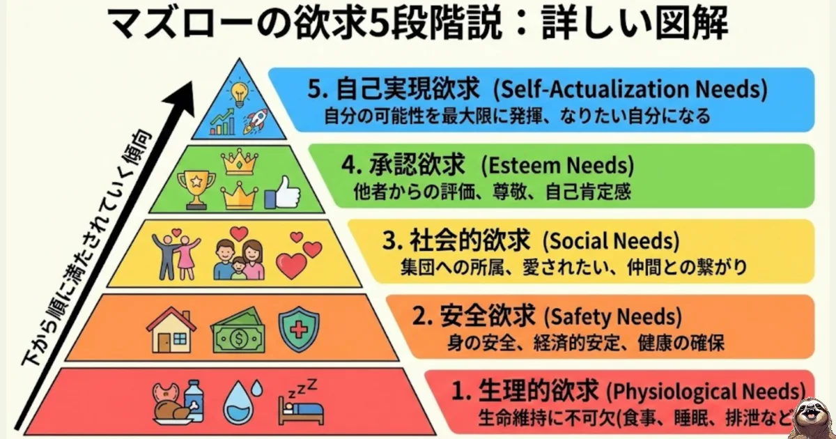 【図解】マズローの欲求5段階説。人間は下の欲求から満たしていく必要があることを伝える図。
