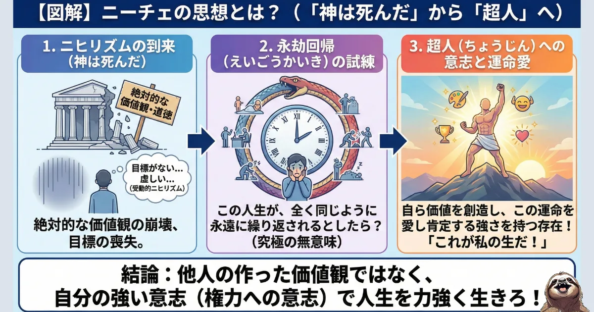 ニーチェの思想を図解。「神は死んだ」によるニヒリズムの到来から、永劫回帰の試練、そして超人(運命愛)へ至るプロセスをわかりやすく解説したイラスト。