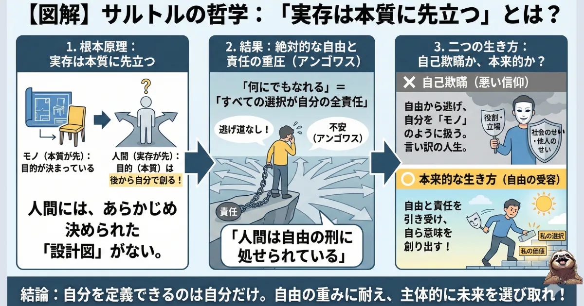 サルトルの哲学「実存は本質に先立つ」の図解。人間には決まった設計図がなく「自由の刑」に処せられているという不安(アンゴワス)から、役割に逃げる「自己欺瞞」か、自ら意味を創る「本来的な生き方」かを選択する構造を解説。