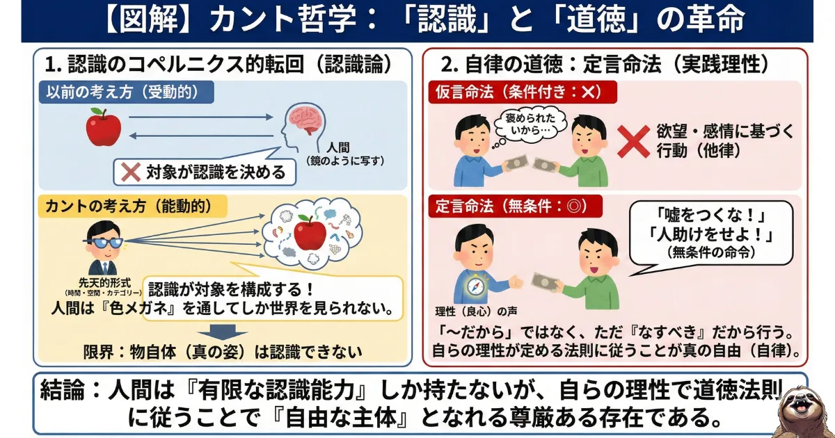 カント哲学の重要概念を図解。「認識のコペルニクス的転回」による主観的な世界認識の仕組みと、見返りを求めない「定言命法」こそが真の自由(自律)であるという道徳論をまとめた解説イラスト。