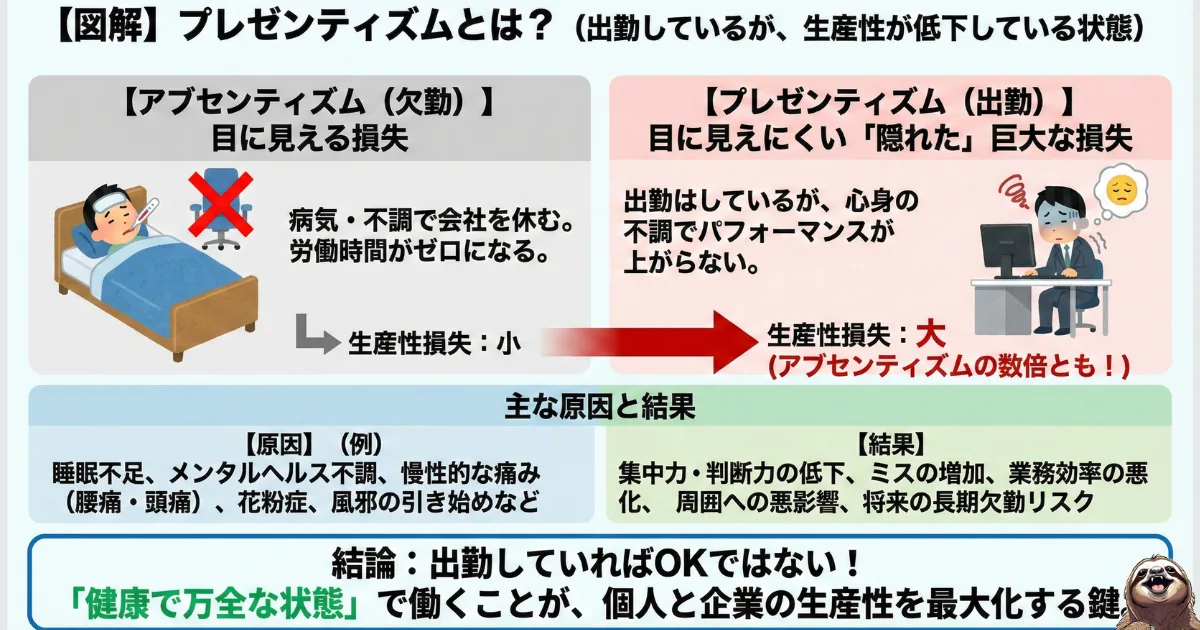 プレゼンティズム(心身不調のまま出勤すること)とアブセンティズム(欠勤)の損失コスト比較図解。無理に出社してパフォーマンスが落ちる方が、欠勤よりも企業にとって「隠れた巨大な損失」になることを解説。