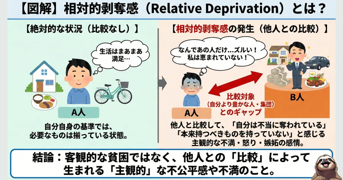 相対的剥奪感の図解。生活に困っていない人でも、他人(自分より豊かな人)と比較することで、「自分は不当に奪われている」「ズルい」という主観的な不満や嫉妬を感じてしまう心理メカニズムの解説。