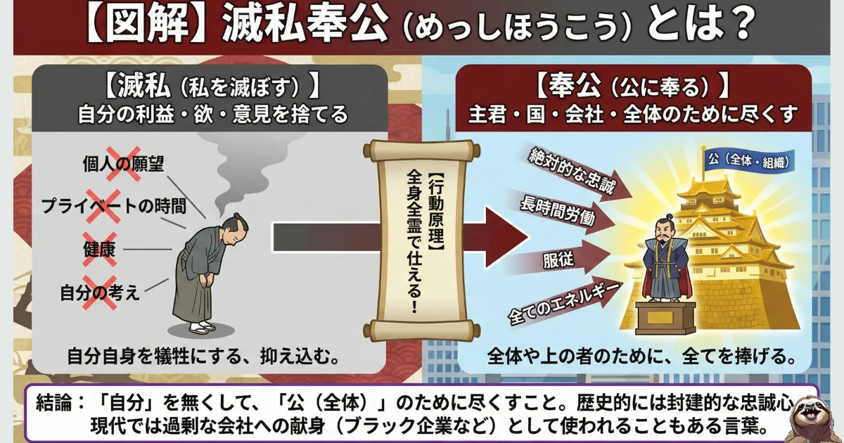 【図解】滅私奉公(めっしほうこう)の意味とは?「私(個人の健康や時間)を滅ぼして、公(会社や組織)に尽くす」という構造を解説。かつての封建的な忠誠心が、現代ではブラック企業への過剰な献身につながっていることを示すイラスト。