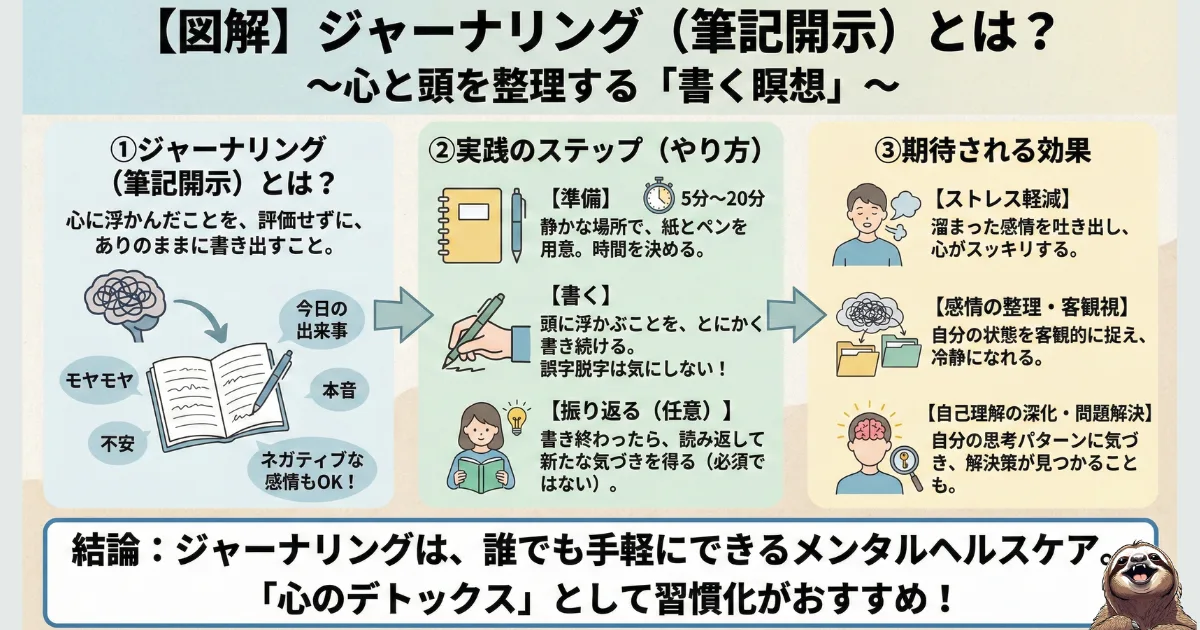 【図解】ジャーナリング(筆記開示)とは?心に浮かんだことをありのままに書き出す「書く瞑想」の定義、具体的な実践ステップ(準備・書く・振り返る)、そしてストレス軽減や感情の整理といった期待される効果をまとめた解説イラスト。