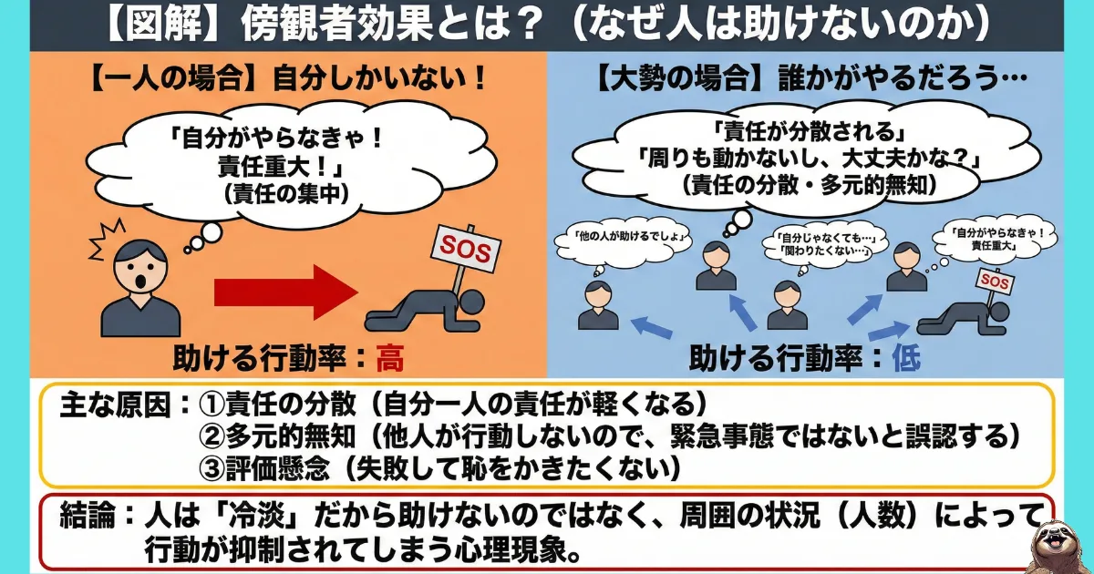 【図解】傍観者効果とは?一人の時は「自分がやらなきゃ」と行動するが、集団になると「誰かがやるだろう」と責任が分散され、行動率が下がる心理現象。主な原因である「責任の分散」「多元的無知」「評価懸念」の解説イラスト。