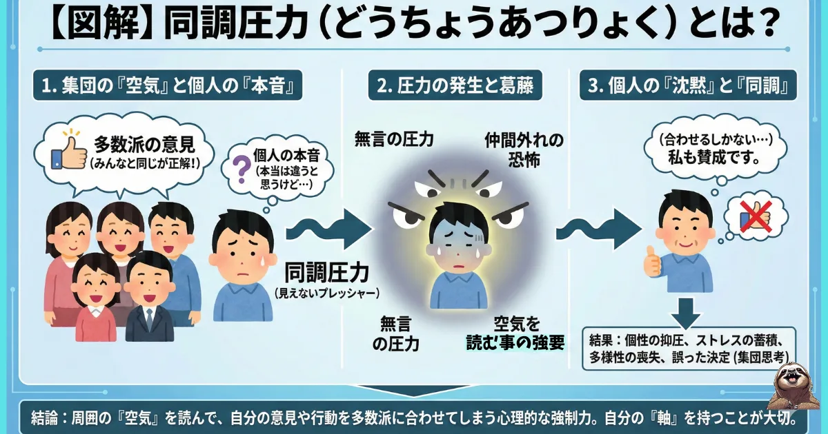 【図解】同調圧力(どうちょうあつりょく)の心理メカニズム。多数派の意見や「場の空気」という無言の圧力に対し、仲間外れへの恐怖から本音を隠して同調してしまうプロセス。ハラスメントを助長する集団思考やストレスの原因解説。