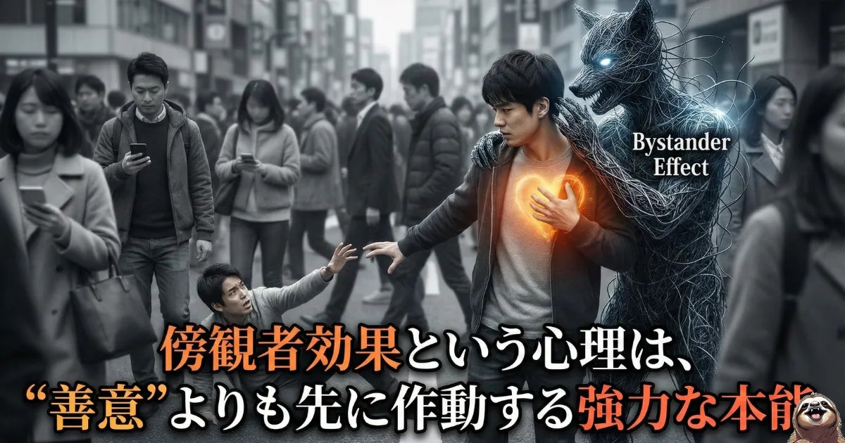 【図解】ハラスメント現場における「心理的壁」。安全圏で「見て見ぬふり」「関わりたくない」と考える傍観者集団と、その壁の向こう側で孤立し苦悩する被害者との断絶を描いたイラスト。