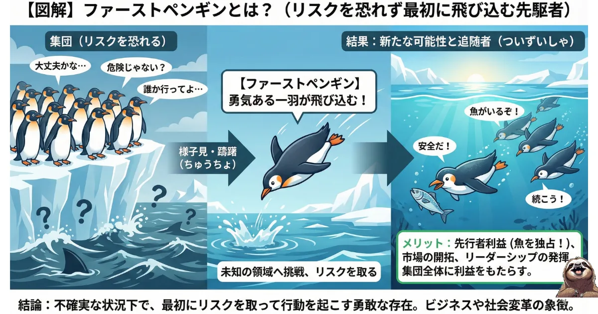 【図解】ファーストペンギンとは?リスクを恐れず最初に行動し、集団の傍観者効果を打破する勇気ある存在。