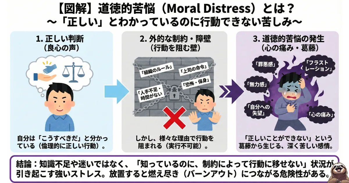 【図解】道徳的苦悩(Moral Distress)とは?正しい行動が組織の制約で阻害され、罪悪感や無力感に苛まれる心理プロセスの仕組み。