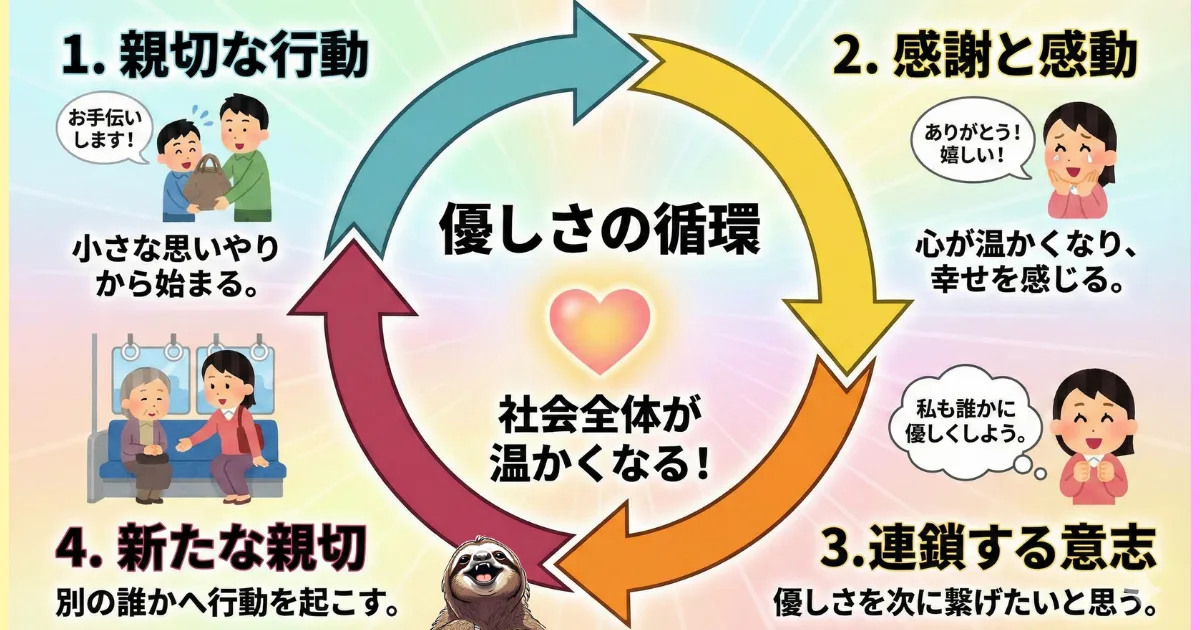 【図解】優しさの循環(ペイフォワード)の仕組み:小さな親切が感謝を生み、次の親切へと連鎖して社会全体を温かくするプロセス。