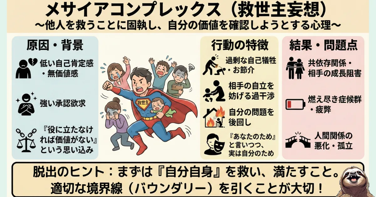 【図解】メサイアコンプレックス(救世主妄想)とは?他人を救うことに固執し、自己犠牲で自分の価値を満たそうとする心理構造