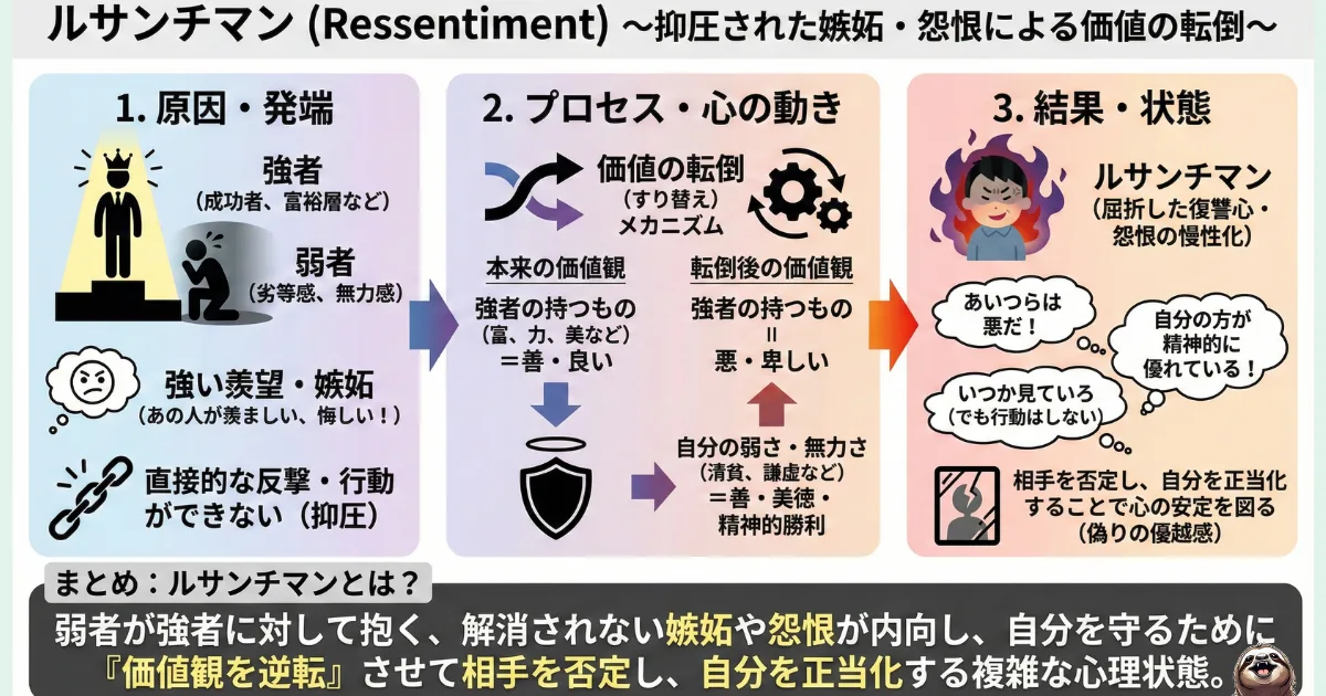 【図解】ルサンチマン(怨恨)の意味とメカニズム:強者への嫉妬を抑圧し、価値観を転倒(逆転)させて精神的優位に立とうとする心理