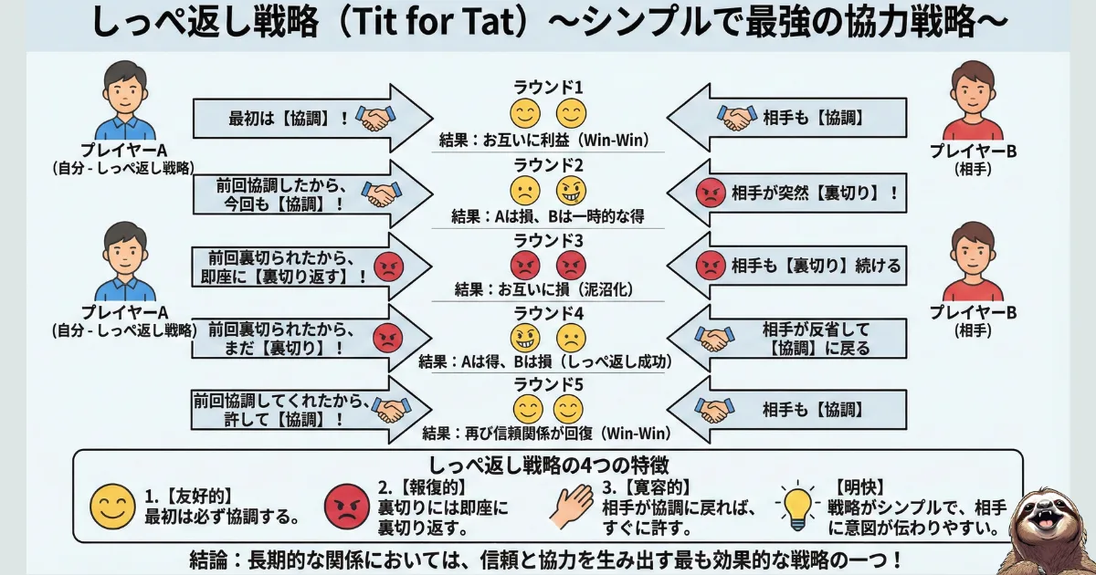 【図解】しっぺ返し戦略(Tit for Tat)の仕組み:ゲーム理論における最強の協力戦略と、裏切りへの対処法(即座の報復と寛容な許し)