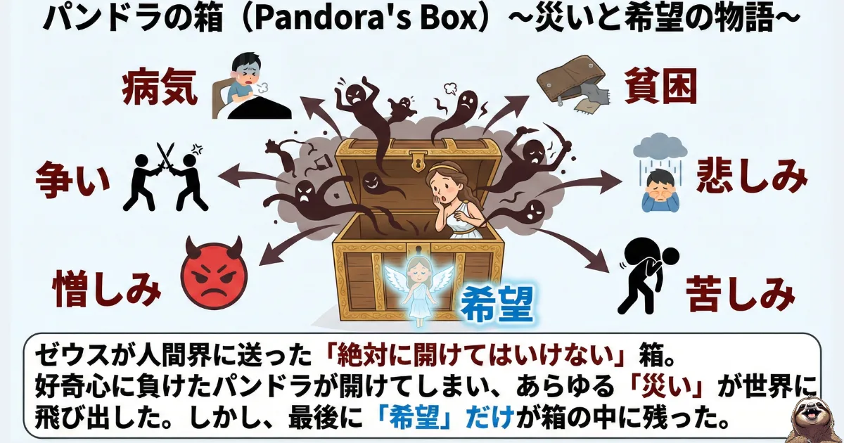 【図解】パンドラの箱の神話:好奇心によって開けられた箱から災い(病気・貧困・争い)が飛び出し、最後に「希望」だけが残った物語