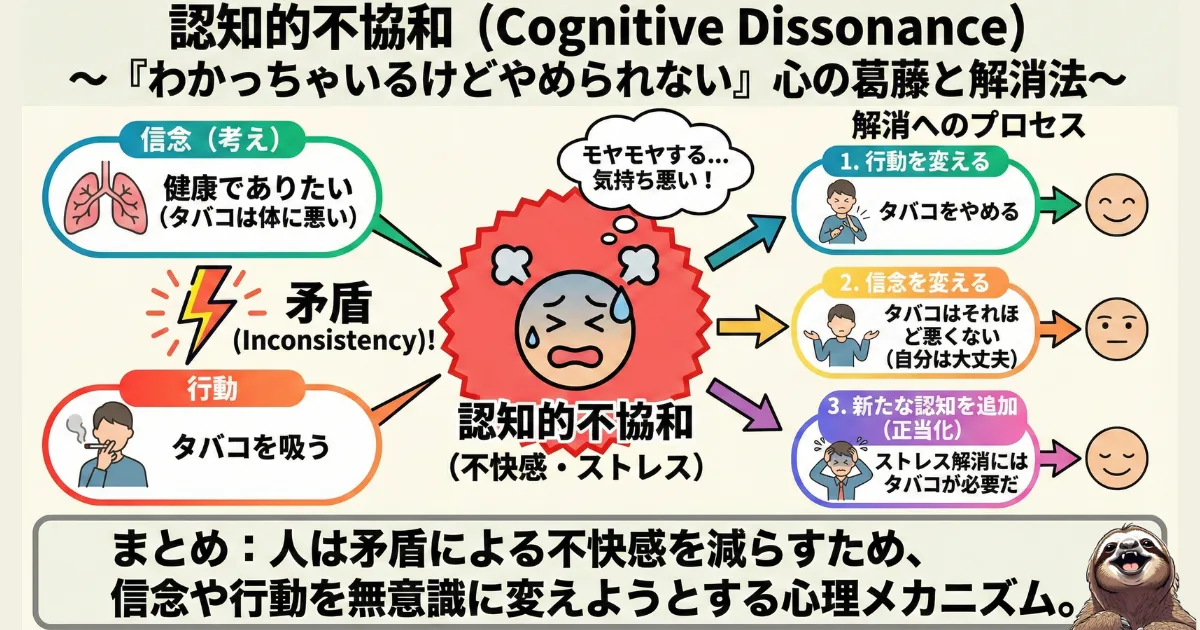 【図解】認知的不協和とは?信念と行動の矛盾が引き起こすストレスと、言い訳や正当化によって不快感を解消しようとする心理メカニズム