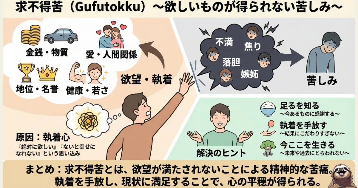 【図解】仏教の四苦八苦「求不得苦(ぐふとっく)」:欲しいものが手に入らない苦しみと、執着を手放す「足るを知る」マインドセット
