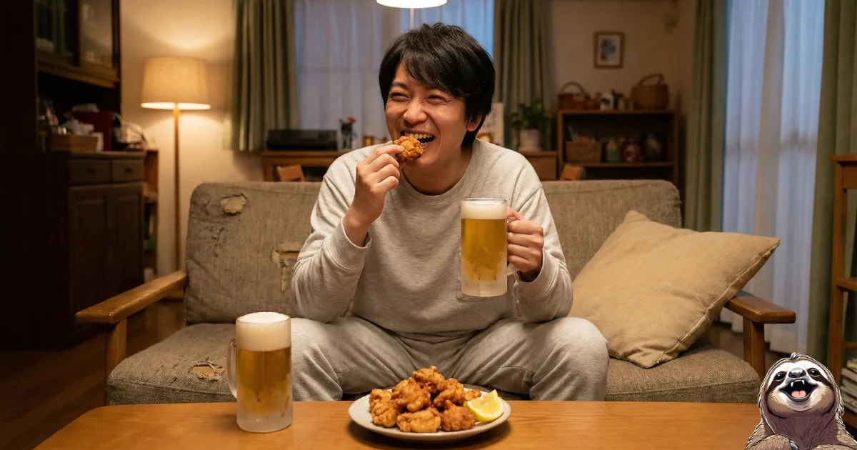 「希望」という呪いを解いた後の世界:高望みを捨て、日々の晩酌や小さな幸せ(ビールと唐揚げ)を心から楽しむ男性の姿
