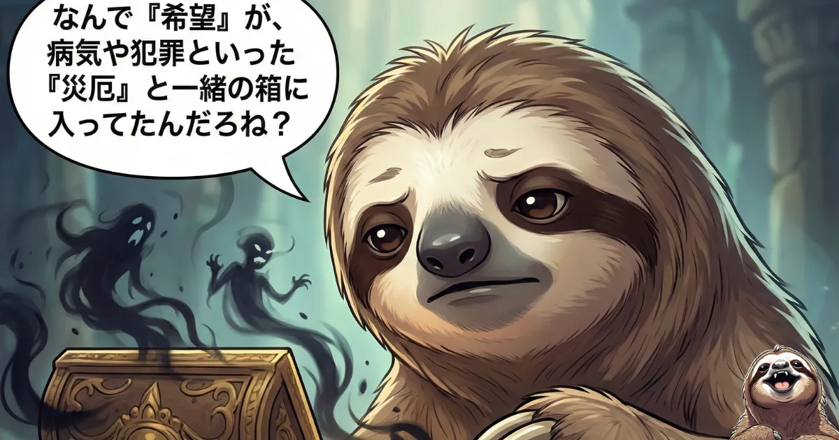 【図解】パンドラの箱の最大の謎:なぜ「希望」は病気や犯罪といった「災厄」と同じ箱に入っていたのか?希望の正体を問うナマケ者